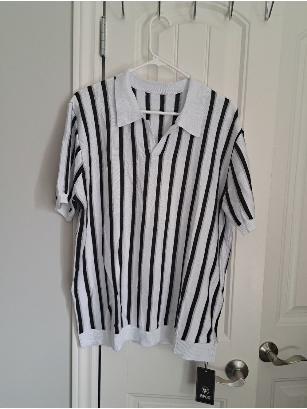 MENS I WOO acrylic blend striped polo shirt short sleeve lightweight V neck LG